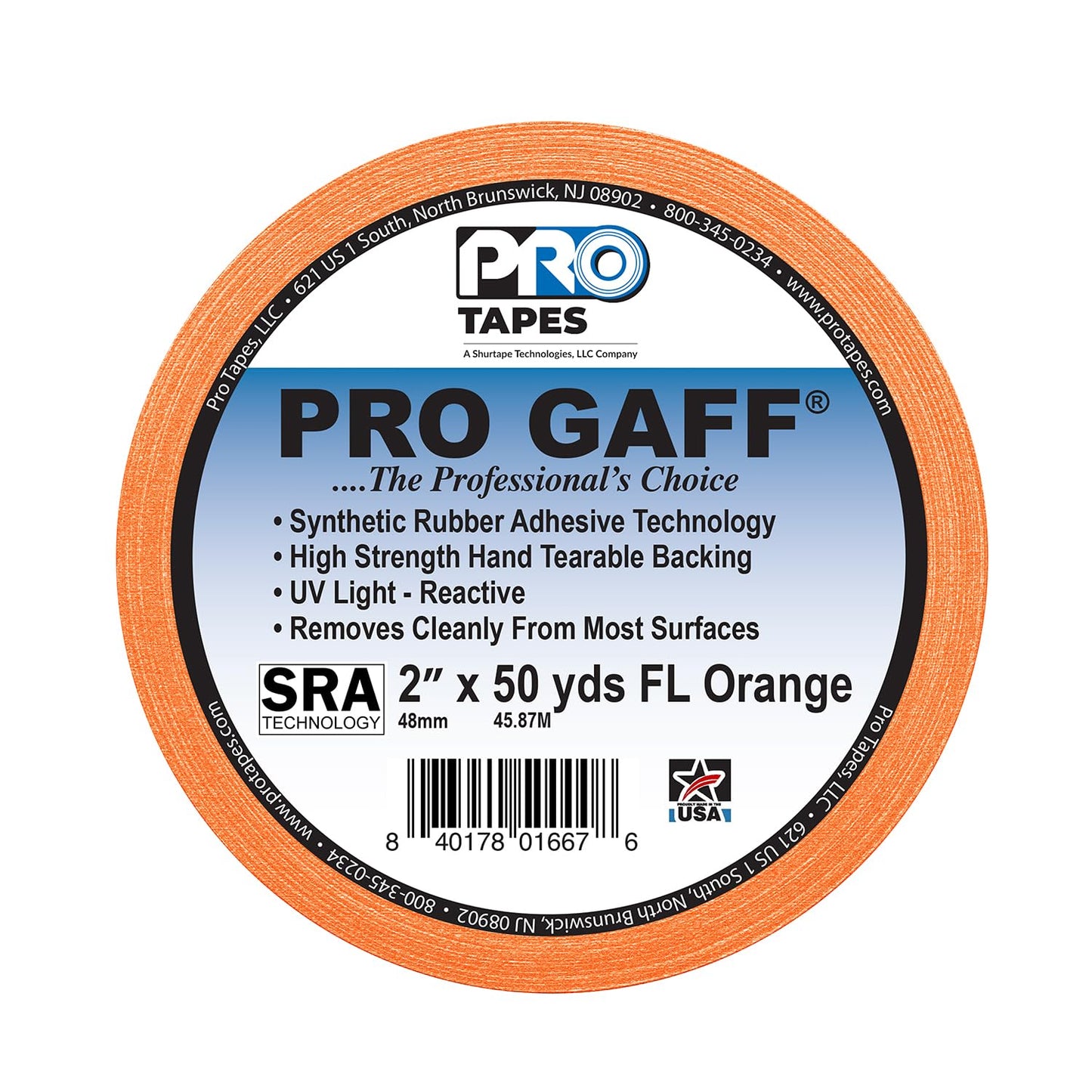 CINTA DE MARCAJE (GAFFER) PRO GAFF NARANJA FLUORESCENTE, 2" X 55 YD, 11 MILS DE ESPESOR