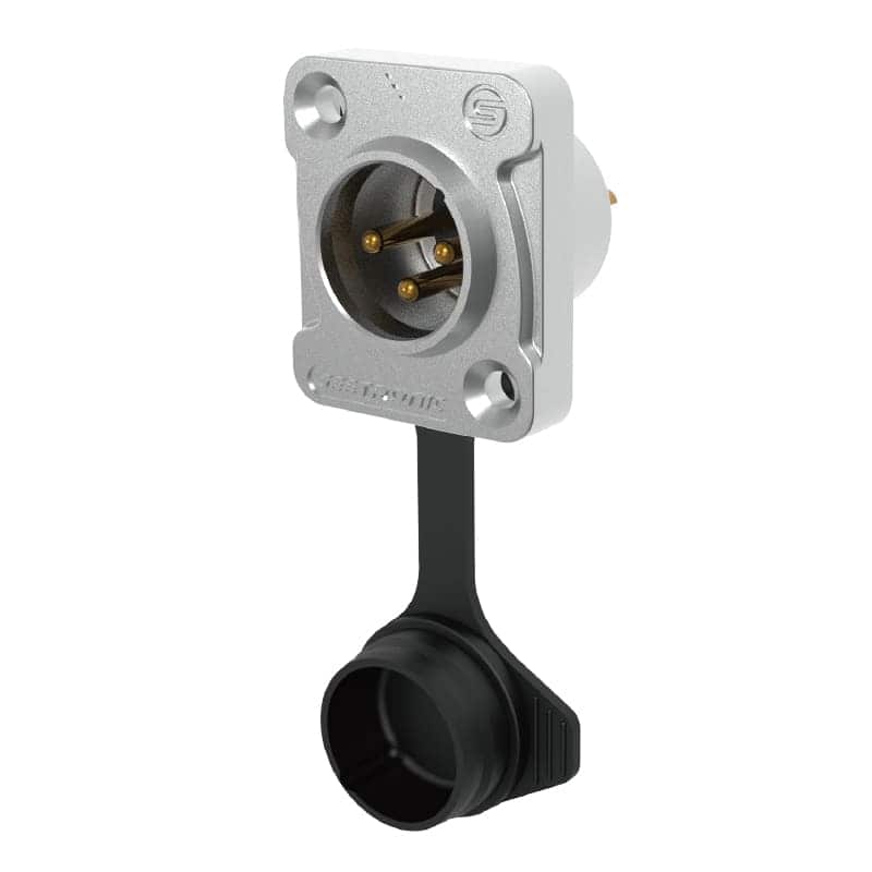 CONECTOR XLR CHASIS 3 PINES MACHO NEGRO Y ORO IP65 INTEMPERIE