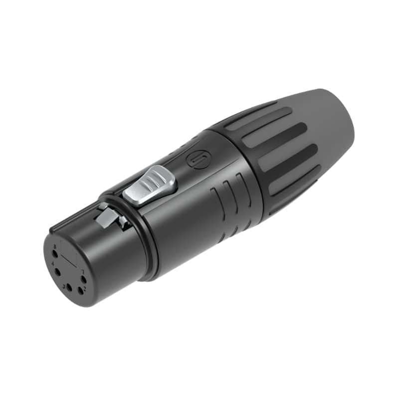 CONECTOR XLR HEMBRA DE 5 PINES – NEGRO, CONTACTOS DORADOS