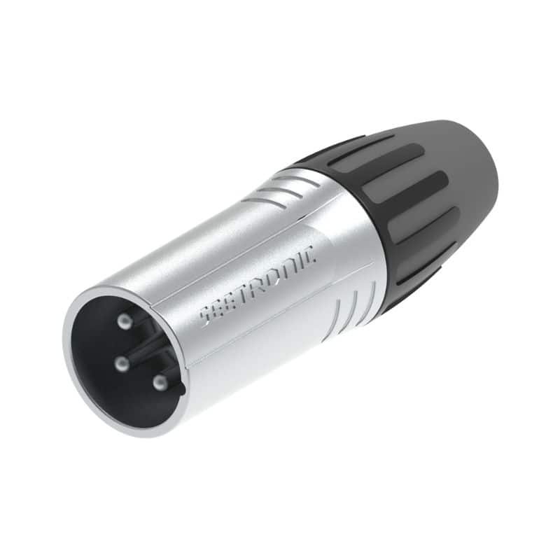 Conector XLR macho de 3 pines, chasis Metal, uso interior.